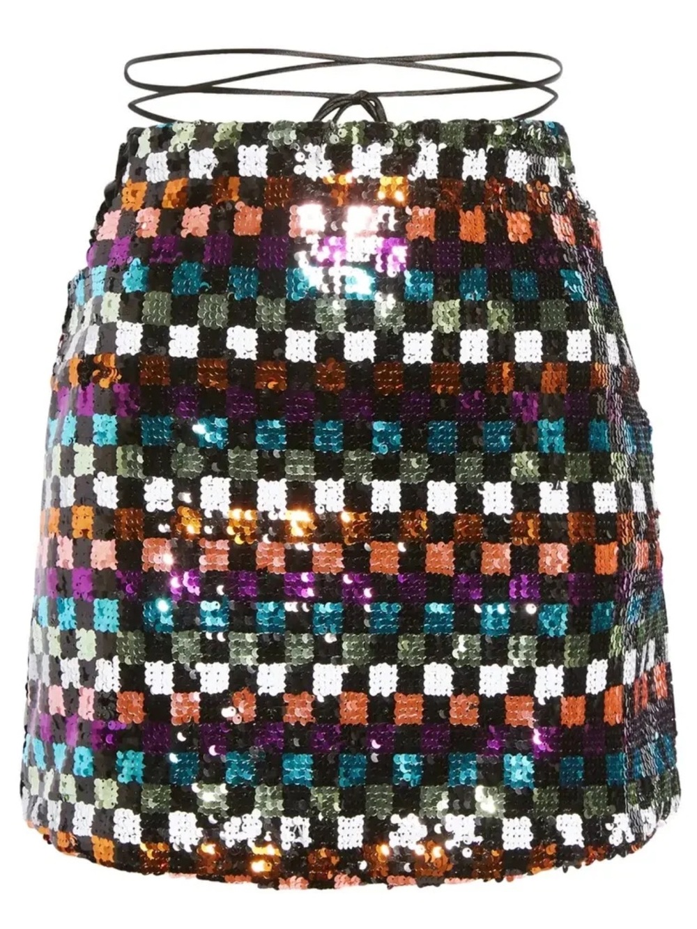 Amy Lynn Crochet Sequin Lace-Up Mini Skirt Rainbow Disco Y2K M